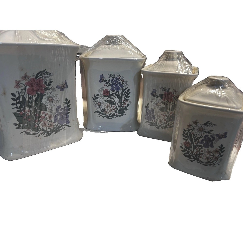 Vintage 1989 Trenditions Floral Sketchbook Canister Set Farmhouse Cottagecore